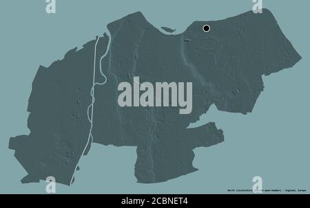 Shape of North Lincolnshire, unitary authority of England, with its capital isolated on a solid color background. Colored elevation map. 3D rendering Stock Photo