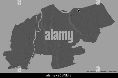 Shape of North Lincolnshire, unitary authority of England, with its capital isolated on a solid color background. Bilevel elevation map. 3D rendering Stock Photo