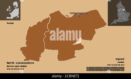 Shape of North Lincolnshire, unitary authority of England, and its capital. Distance scale, previews and labels. Composition of patterned textures. 3D Stock Photo