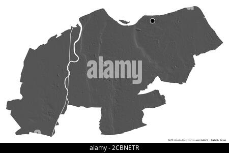 Shape of North Lincolnshire, unitary authority of England, with its capital isolated on white background. Bilevel elevation map. 3D rendering Stock Photo