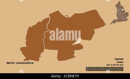 Shape of North Lincolnshire, unitary authority of England, with its capital isolated on solid background. Distance scale, region preview and labels. C Stock Photo