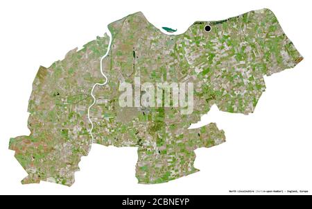 Shape of North Lincolnshire, unitary authority of England, with its capital isolated on white background. Satellite imagery. 3D rendering Stock Photo