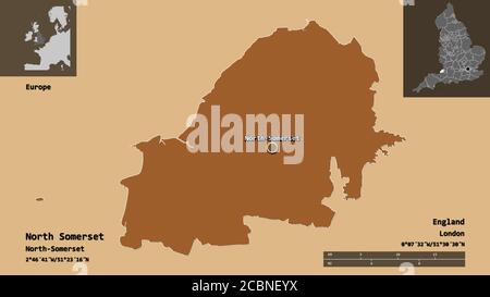 Shape of North Somerset, unitary authority of England, and its capital. Distance scale, previews and labels. Composition of patterned textures. 3D ren Stock Photo