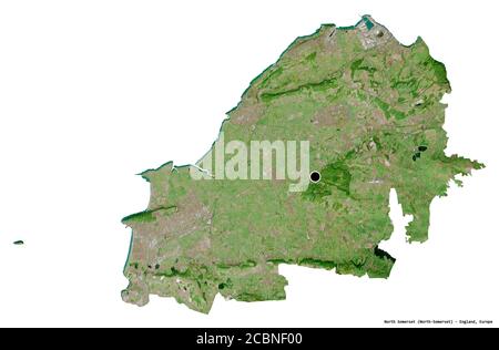 Shape of North Somerset, unitary authority of England, with its capital isolated on white background. Satellite imagery. 3D rendering Stock Photo