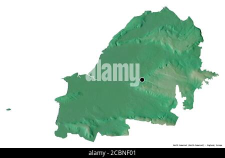 Shape of North Somerset, unitary authority of England, with its capital isolated on white background. Topographic relief map. 3D rendering Stock Photo