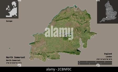 Shape of North Somerset, unitary authority of England, and its capital. Distance scale, previews and labels. Satellite imagery. 3D rendering Stock Photo