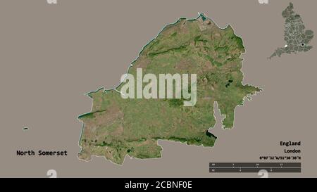 Shape of North Somerset, unitary authority of England, with its capital isolated on solid background. Distance scale, region preview and labels. Satel Stock Photo