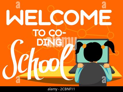 A vector image of a girl sitting at the desk and coding on the laptop with a orange background. Welcome to coding school text for a flyer or a poster Stock Vector