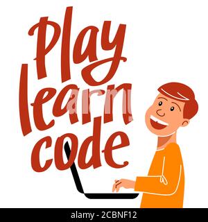 A square image of the boy who studies coding. A vector image for a flyer or a poster for the chidren coding school Stock Vector