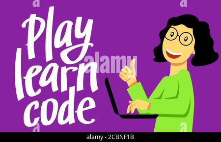 A square image of the girl who studies coding. A vector image for a flyer or a poster for the chidren coding school. Play learn code lettering Stock Vector