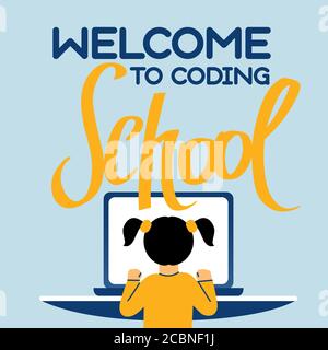 A square image of the girl who studies coding. A vector image for a flyer or a poster for the chidren coding school. Blue and yellow colors Stock Vector