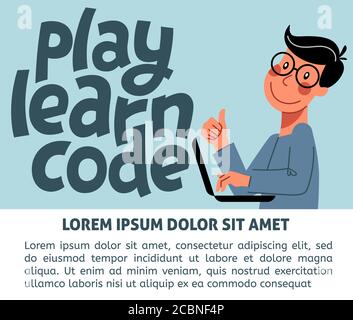 An image of the boy who studies coding. A vector image for a flyer or a poster for the chidren coding school. Blue and white colors Stock Vector