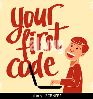 A square image of the boy who studies coding. A vector image for a flyer or a poster for the chidren coding school Stock Vector