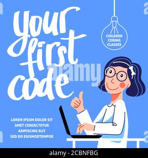 A square image of the girl who studies coding. A vector image for a flyer or a poster for the chidren coding school. Blue and white colors Stock Vector