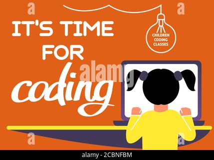 A horizontal image of the girl who studies coding. A vector image for a flyer or a poster for the chidren coding school. Purple and yellow colors Stock Vector