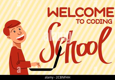 An image of the boy who studies coding. A vector image for a flyer or a poster for the chidren coding school Stock Vector