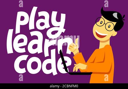 A square image of the boy who studies coding. A vector image for a flyer or a poster for the chidren coding school. Play learn code lettering Stock Vector