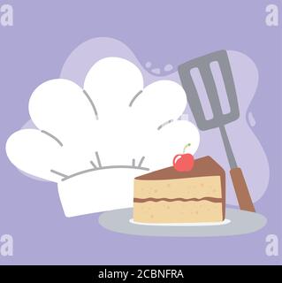 chef hat spatula and slice cake food cartoon vector illustration Stock Vector