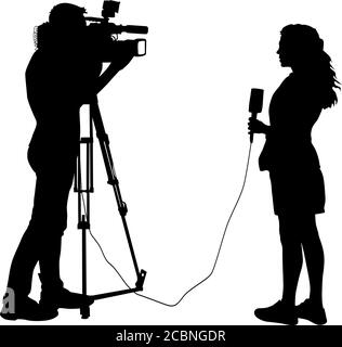 Silhouette operator removes journalist with microphone on a white background. Stock Vector