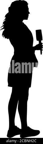 Silhouette operator removes journalist with microphone on a white background. Stock Vector