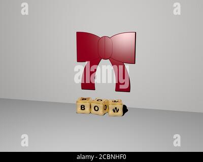 bow 3D icon on the wall and cubic letters on the floor, 3D illustration for background and christmas Stock Photo