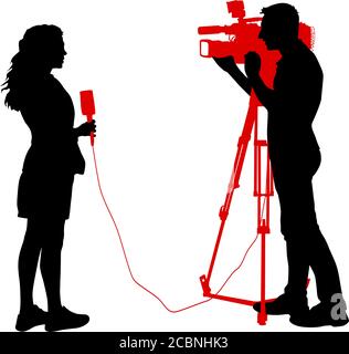 Silhouette operator removes journalist with microphone on a white background. Stock Vector