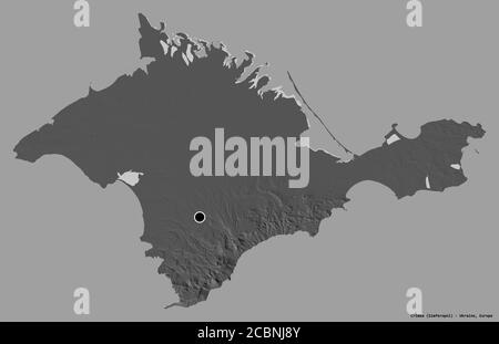 Shape of Crimea, autonomous republic of Ukraine, with its capital isolated on a solid color background. Bilevel elevation map. 3D rendering Stock Photo