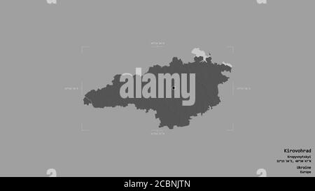 Area of Kirovohrad, region of Ukraine, isolated on a solid background in a georeferenced bounding box. Labels. Bilevel elevation map. 3D rendering Stock Photo