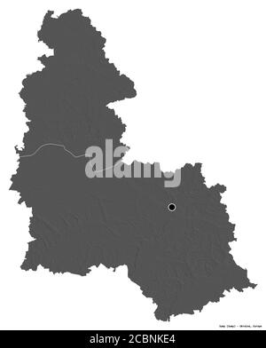 Shape of Sumy, region of Ukraine, with its capital isolated on white background. Bilevel elevation map. 3D rendering Stock Photo