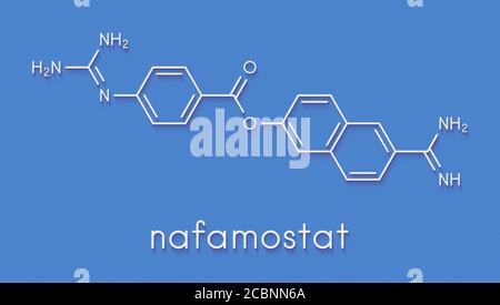 Nafamostat drug molecule (serine protease inhibitor). Skeletal formula. Stock Photo