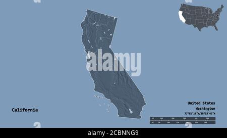 Shape of California, state of Mainland United States, with its capital isolated on solid background. Distance scale, region preview and labels. Colore Stock Photo