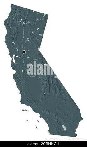 Shape of California, state of Mainland United States, with its capital isolated on white background. Colored elevation map. 3D rendering Stock Photo