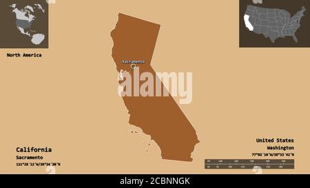 Shape of California, state of Mainland United States, and its capital. Distance scale, previews and labels. Composition of patterned textures. 3D rend Stock Photo