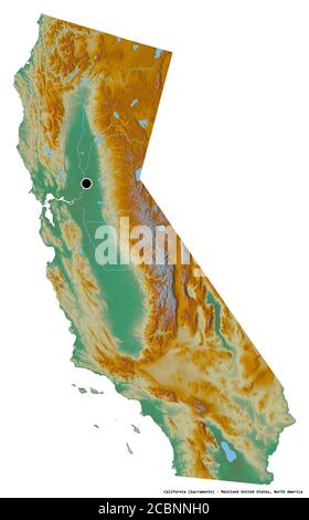 Shape of California, state of Mainland United States, with its capital isolated on white background. Topographic relief map. 3D rendering Stock Photo