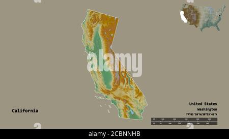 Shape of California, state of Mainland United States, with its capital isolated on solid background. Distance scale, region preview and labels. Topogr Stock Photo