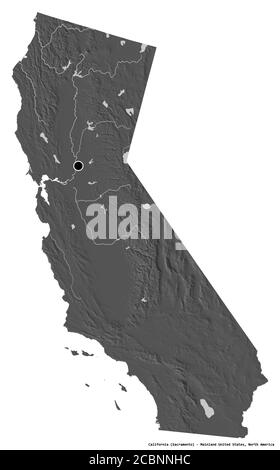 Shape of California, state of Mainland United States, with its capital isolated on white background. Bilevel elevation map. 3D rendering Stock Photo