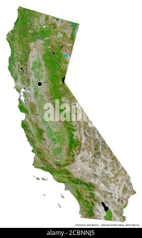 Shape of California, state of Mainland United States, with its capital isolated on white background. Satellite imagery. 3D rendering Stock Photo