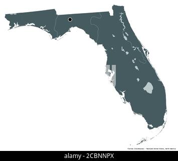 Shape of Florida, state of Mainland United States, with its capital isolated on white background. Colored elevation map. 3D rendering Stock Photo