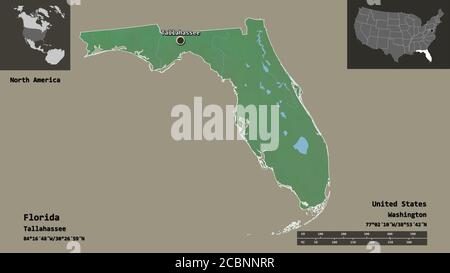 Shape of Florida, state of Mainland United States, and its capital. Distance scale, previews and labels. Topographic relief map. 3D rendering Stock Photo