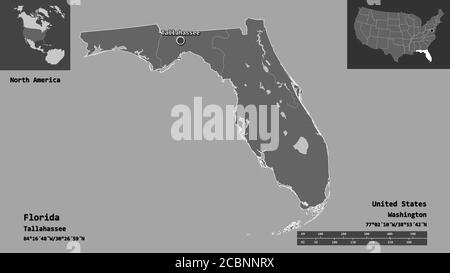 Shape of Florida, state of Mainland United States, and its capital. Distance scale, previews and labels. Bilevel elevation map. 3D rendering Stock Photo