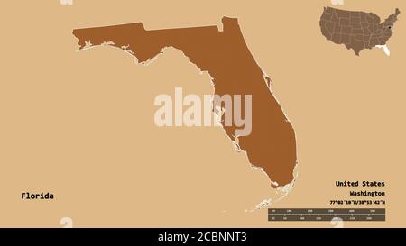 Shape of Florida, state of Mainland United States, with its capital isolated on solid background. Distance scale, region preview and labels. Compositi Stock Photo