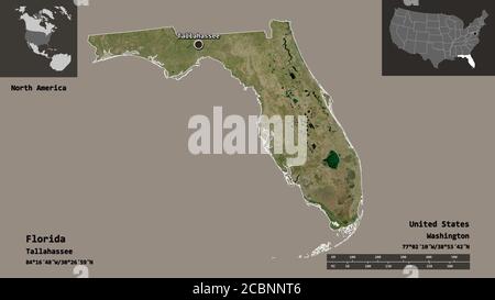 Shape of Florida, state of Mainland United States, and its capital. Distance scale, previews and labels. Satellite imagery. 3D rendering Stock Photo