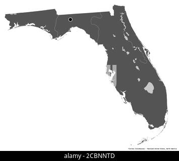 Shape of Florida, state of Mainland United States, with its capital isolated on white background. Bilevel elevation map. 3D rendering Stock Photo