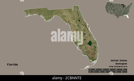 Shape of Florida, state of Mainland United States, with its capital isolated on solid background. Distance scale, region preview and labels. Satellite Stock Photo