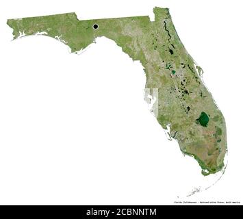 Shape of Florida, state of Mainland United States, with its capital isolated on white background. Satellite imagery. 3D rendering Stock Photo