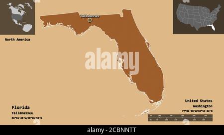 Shape of Florida, state of Mainland United States, and its capital. Distance scale, previews and labels. Composition of patterned textures. 3D renderi Stock Photo