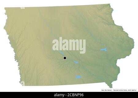 Shape of Iowa, state of Mainland United States, with its capital isolated on white background. Topographic relief map. 3D rendering Stock Photo
