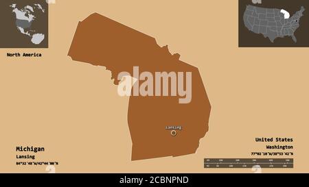 Shape of Michigan, state of Mainland United States, and its capital. Distance scale, previews and labels. Composition of patterned textures. 3D render Stock Photo