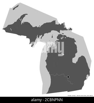 Shape of Michigan, state of Mainland United States, with its capital isolated on white background. Bilevel elevation map. 3D rendering Stock Photo