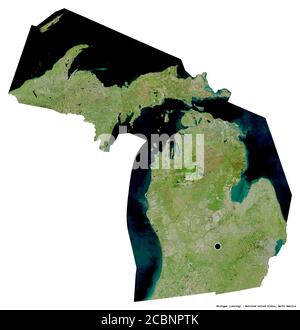 Shape of Michigan, state of Mainland United States, with its capital isolated on white background. Satellite imagery. 3D rendering Stock Photo